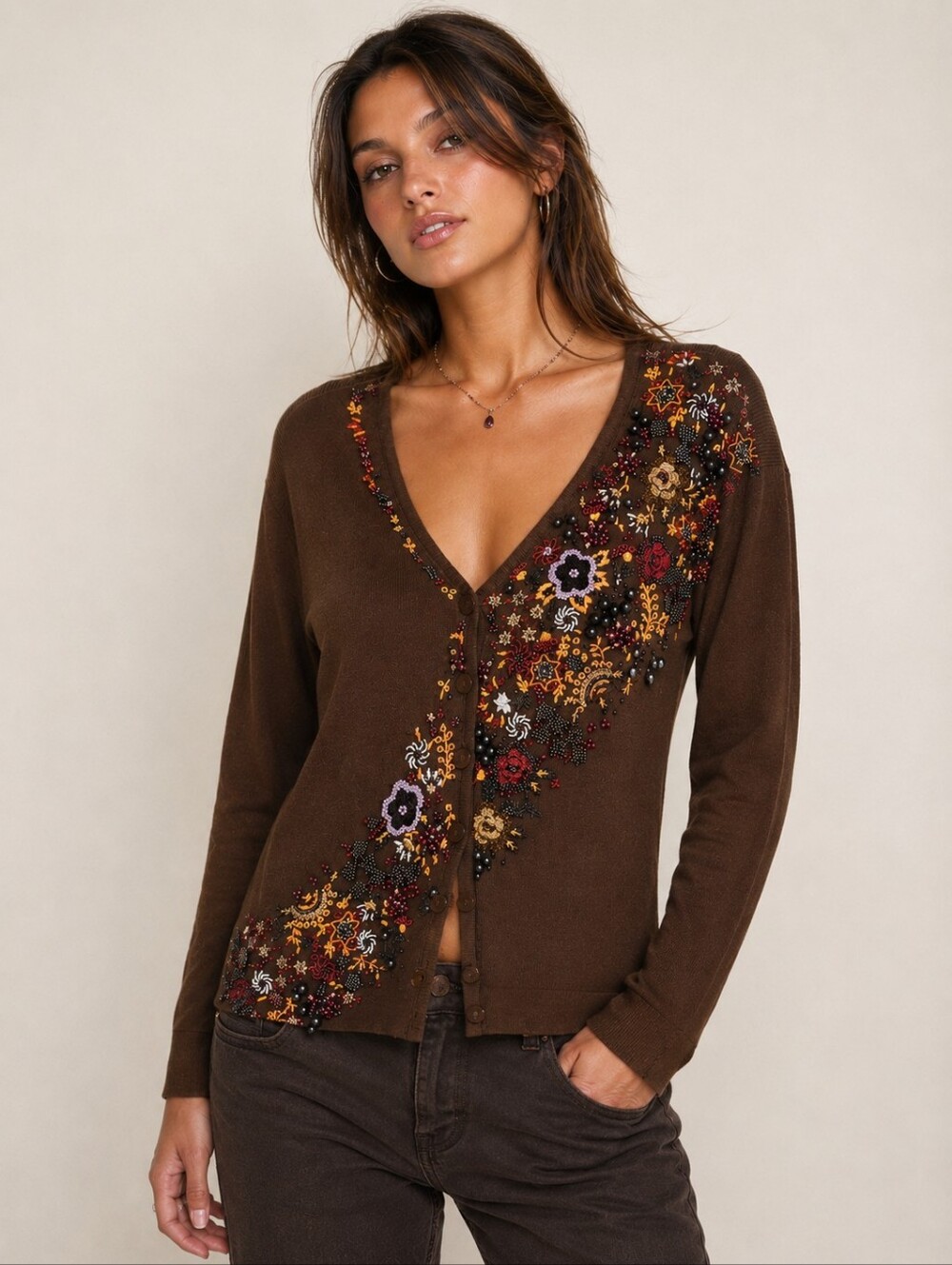 ❤️ LOULOU VINTAGE Y2K EMBROIDERED BEADED BROWN CARDIGAN SWEATER TOP, LARGE